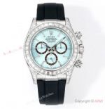 C1 Factory Rolex Daytona Copy Watch 40mm Ice Blue Diamond Baguettes Dial Rubber Strap